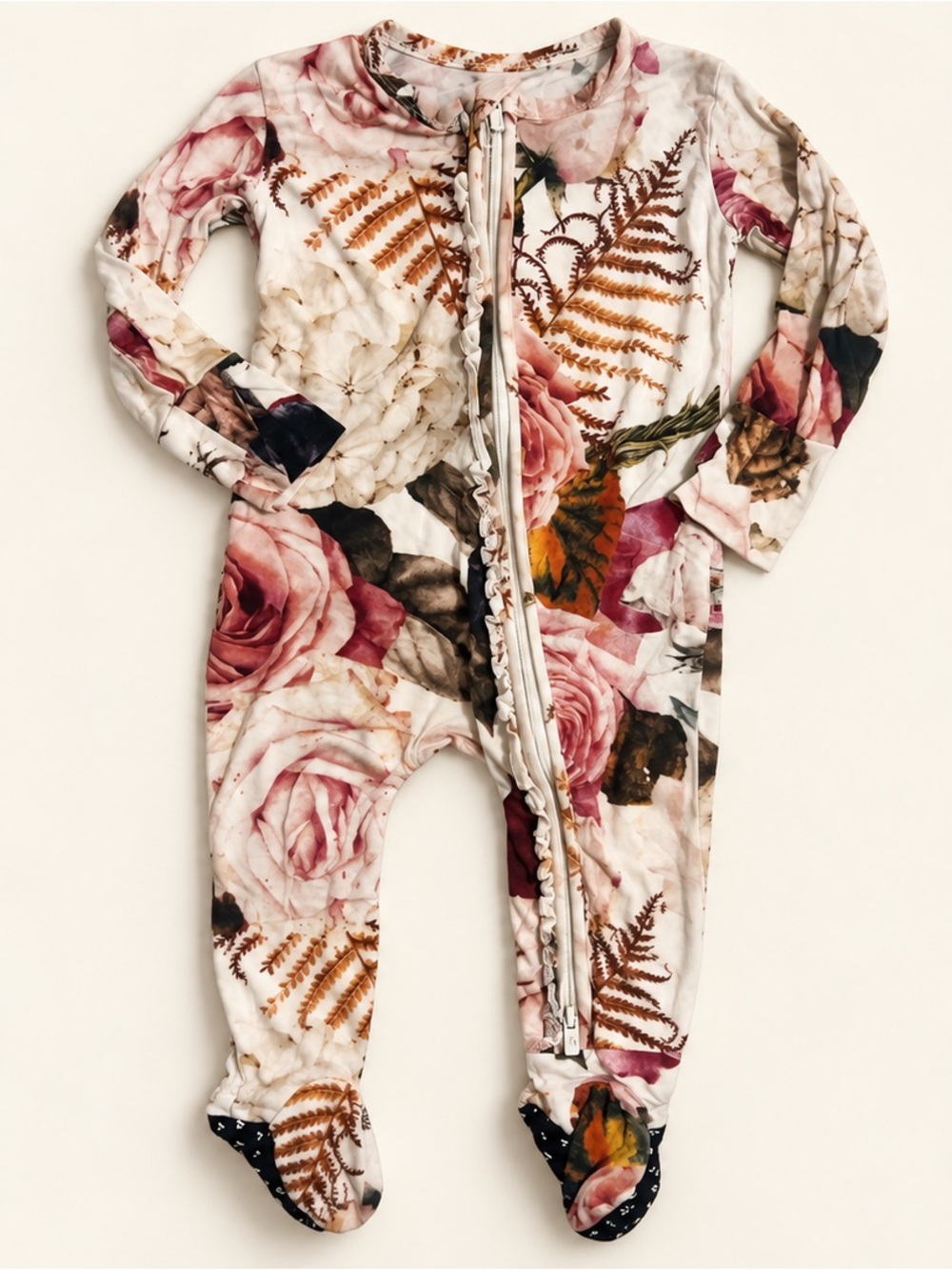 Posh Peanut Floral Zip Footed One-Piece - Pink & Cream & Brown